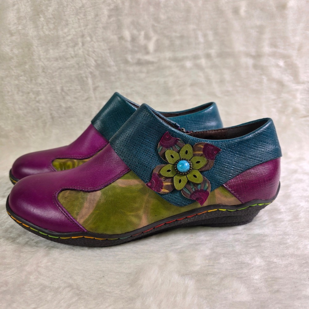 Socofy Leather Ankle Booties Purple Green Teal 3D Floral Artsy Women 42 10.5 NEW